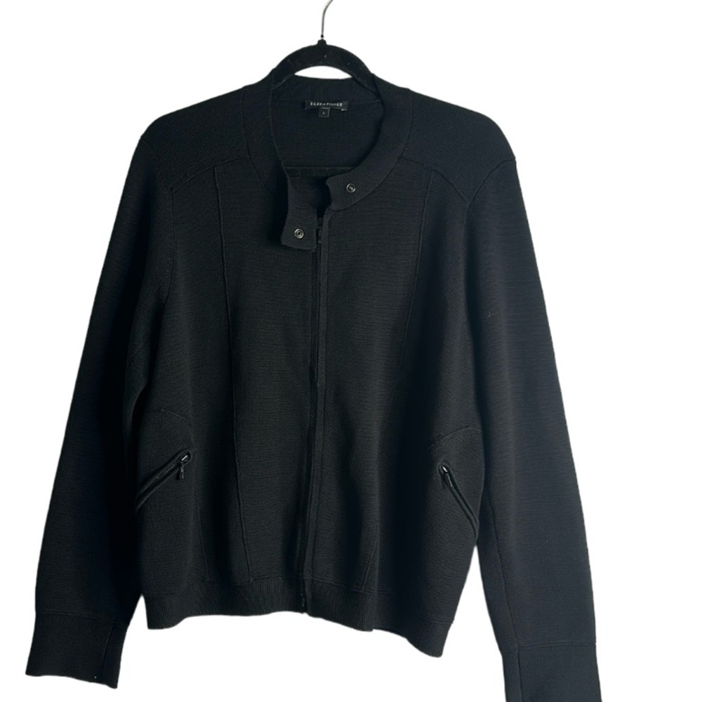 Eileen fisher slik cotton blend zip up knit jacket shirt L black quilt luxury